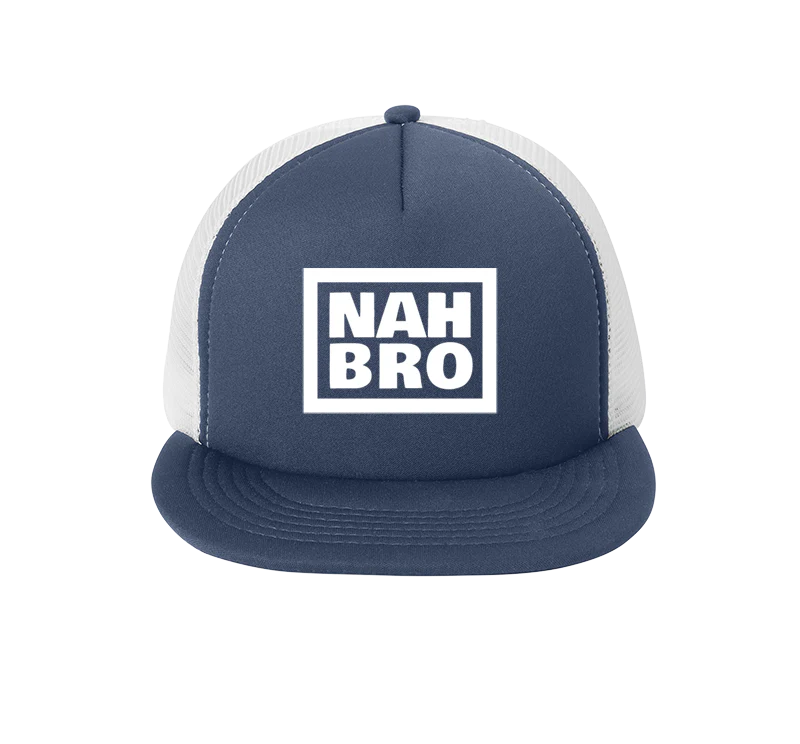 Navy and white NAH BRO foam trucker hat front view